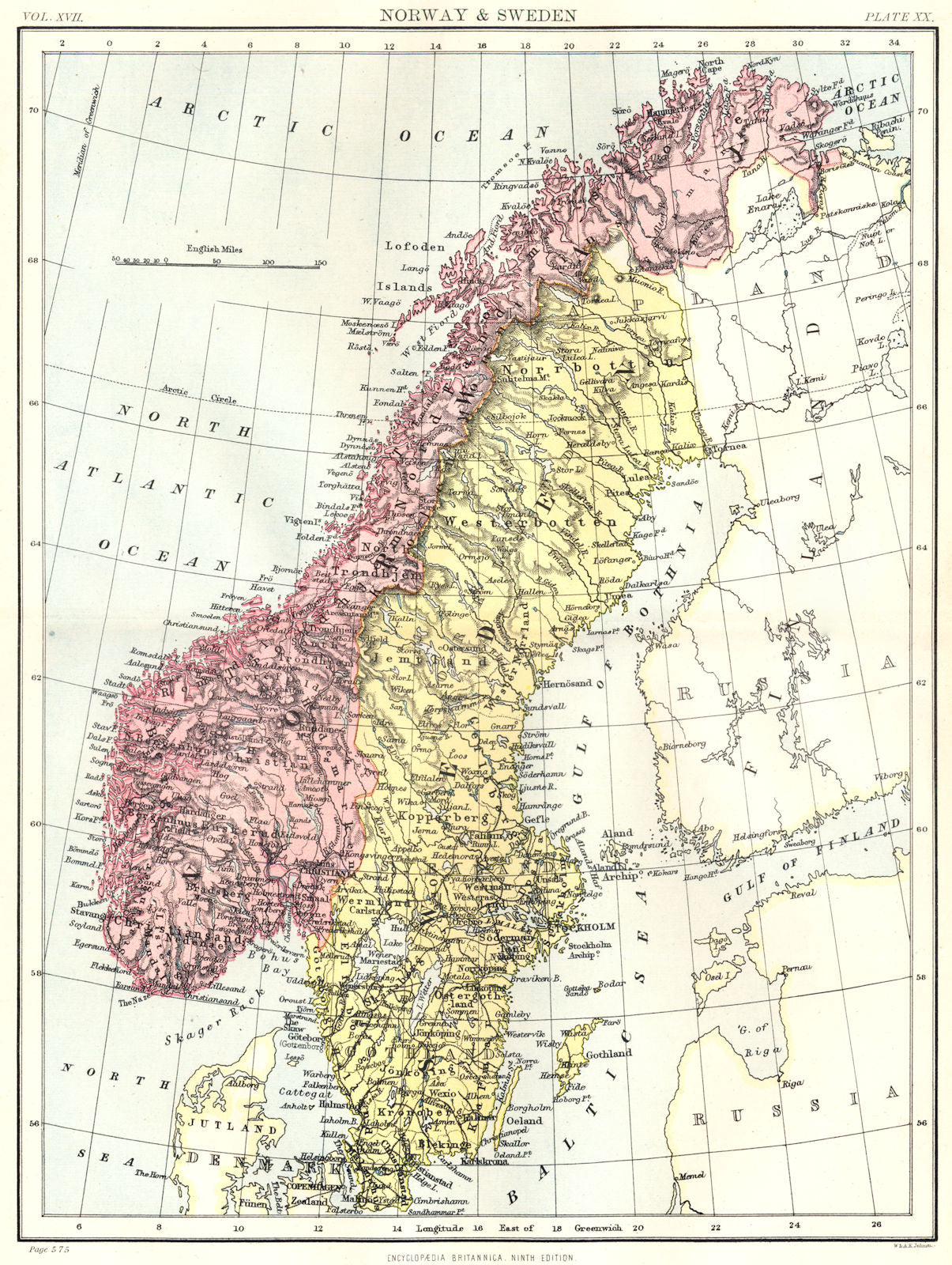 SCANDINAVIA. Norway & Sweden. Britannica 9th edition 1898 old antique map